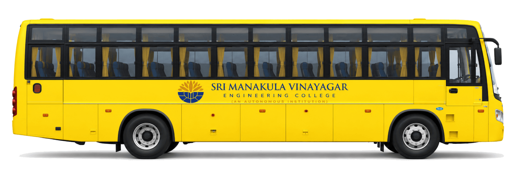 Side view of a yellow Sri Manakula Vinayagar Engineering College bus with SMVEC branding